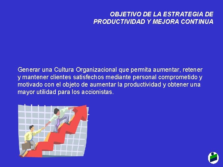 OBJETIVO DE LA ESTRATEGIA DE PRODUCTIVIDAD Y MEJORA CONTINUA Generar una Cultura Organizacional que