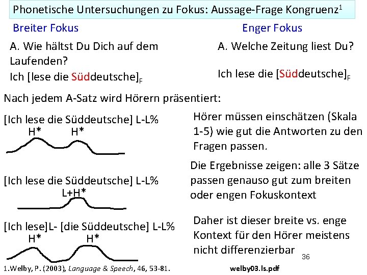 Phonetische Untersuchungen zu Fokus: Aussage-Frage Kongruenz 1 Breiter Fokus Enger Fokus A. Wie hältst