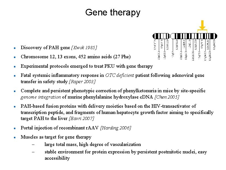 Gene therapy Discovery of PAH gene [Kwok 1985] Chromosome 12, 13 exons, 452 amino