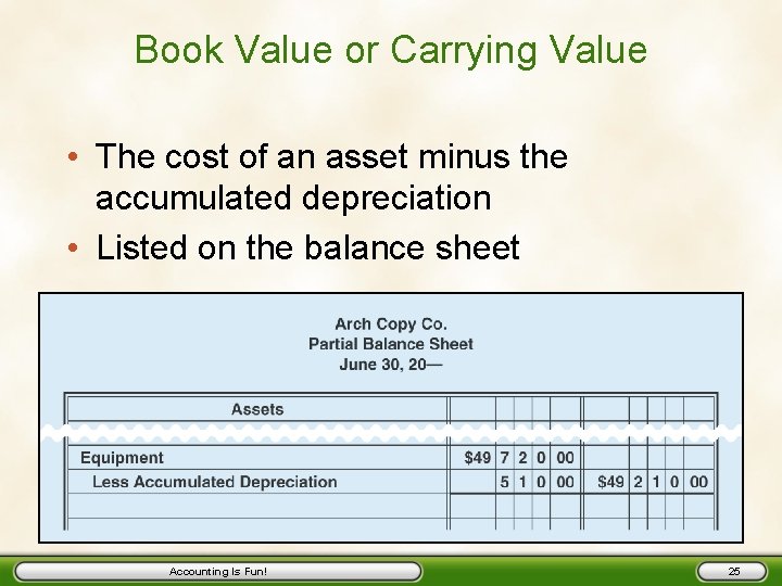 Book Value or Carrying Value • The cost of an asset minus the accumulated