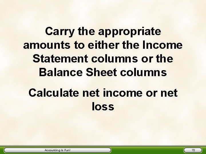 Carry the appropriate amounts to either the Income Statement columns or the Balance Sheet