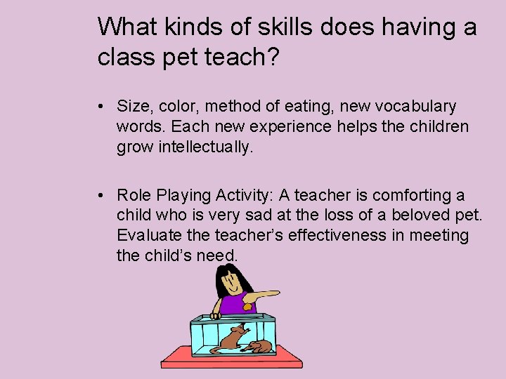 What kinds of skills does having a class pet teach? • Size, color, method