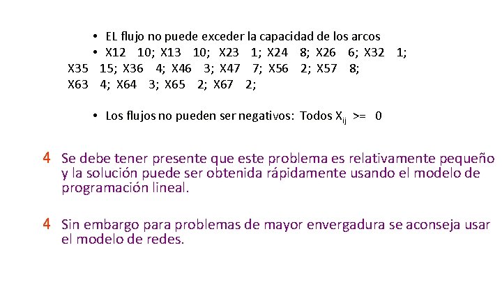 • EL flujo no puede exceder la capacidad de los arcos • X • EL flujo no puede exceder la capacidad de los arcos • X