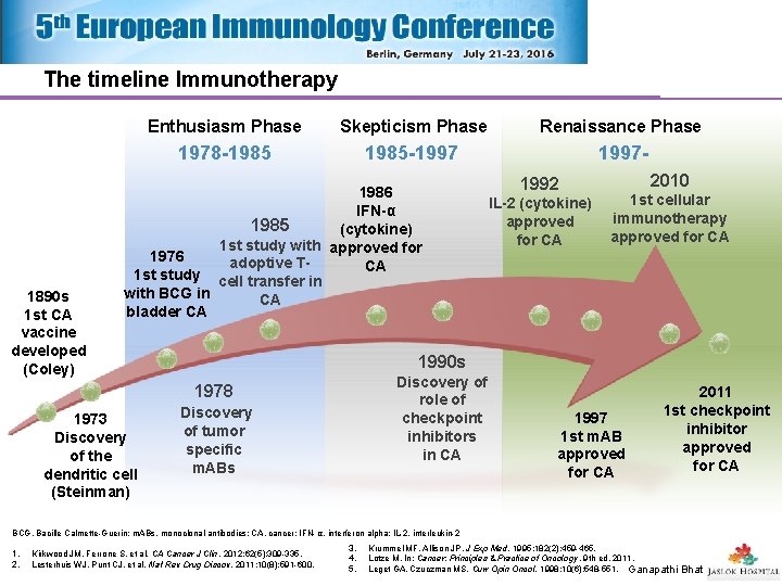 The timeline Immunotherapy 1890 s 1 st CA vaccine developed (Coley) Enthusiasm Phase Skepticism The timeline Immunotherapy 1890 s 1 st CA vaccine developed (Coley) Enthusiasm Phase Skepticism