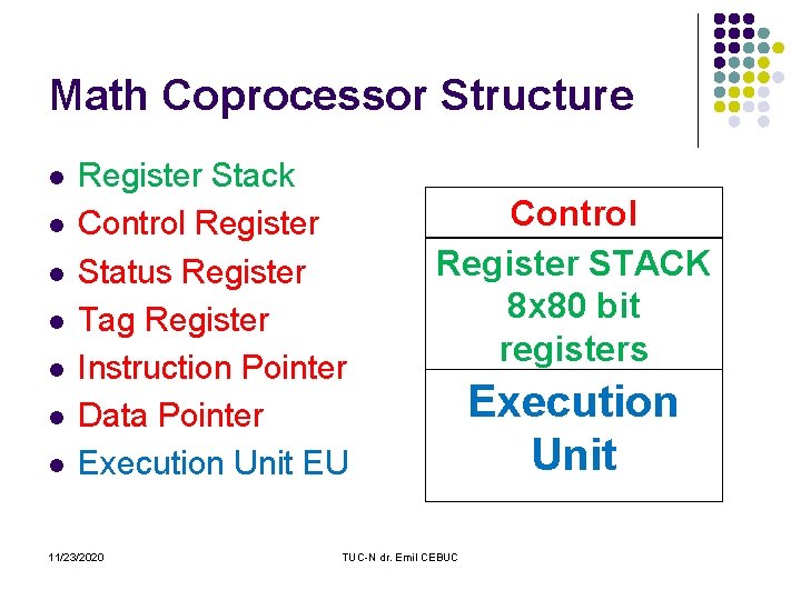 Math Coprocessor Structure l l l l Register Stack Control Register Status Register Tag