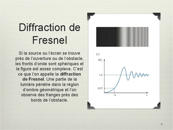 Diffraction de Fresnel Si la source ou l’écran se trouve près de l’ouverture ou