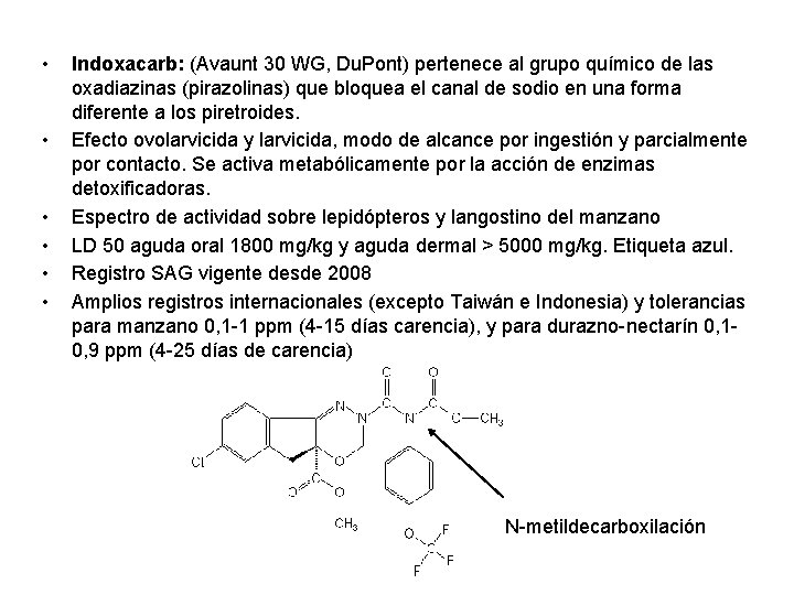  • • • Indoxacarb: (Avaunt 30 WG, Du. Pont) pertenece al grupo químico