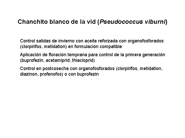 Chanchito blanco de la vid (Pseudococcus viburni) Control salidas de invierno con aceite reforzada