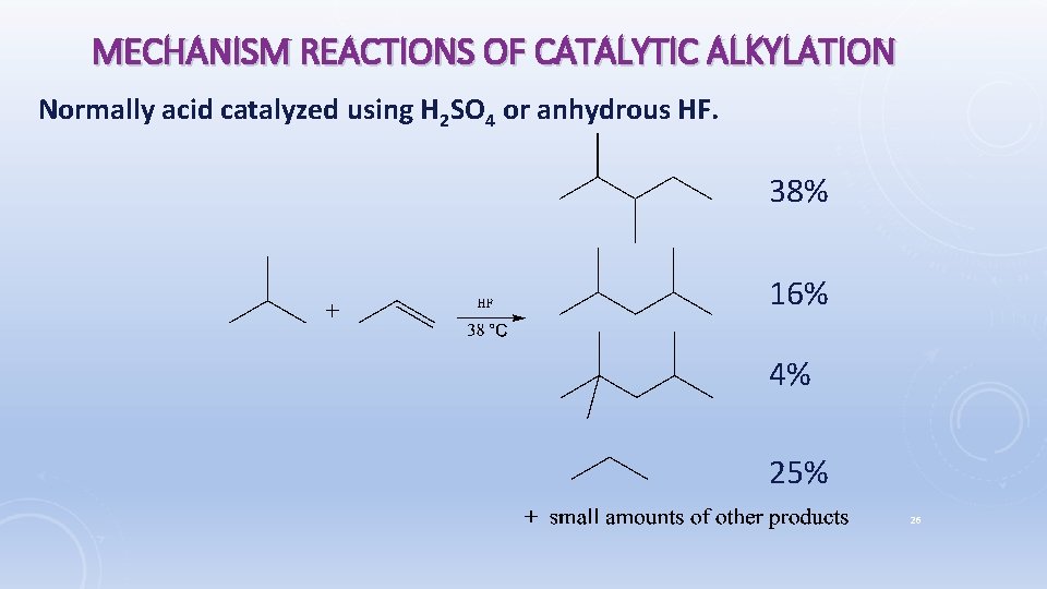 MECHANISM REACTIONS OF CATALYTIC ALKYLATION Normally acid catalyzed using H 2 SO 4 or