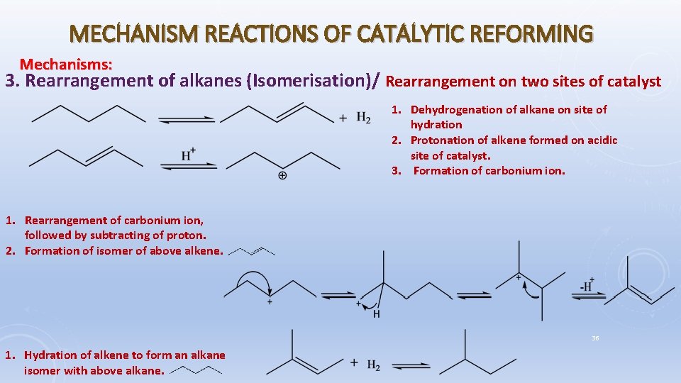 MECHANISM REACTIONS OF CATALYTIC REFORMING Mechanisms: 3. Rearrangement of alkanes (Isomerisation)/ Rearrangement on two