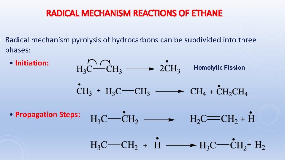 RADICAL MECHANISM REACTIONS OF ETHANE • Radical mechanism pyrolysis of hydrocarbons can be subdivided