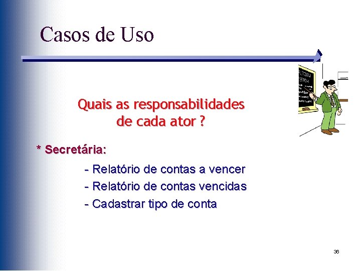 Casos de Uso Quais as responsabilidades de cada ator ? * Secretária: - Relatório