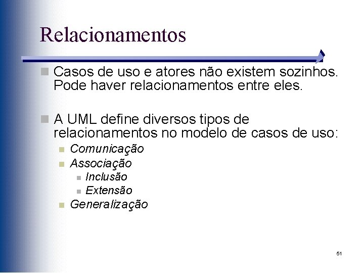 Relacionamentos n Casos de uso e atores não existem sozinhos. Pode haver relacionamentos entre