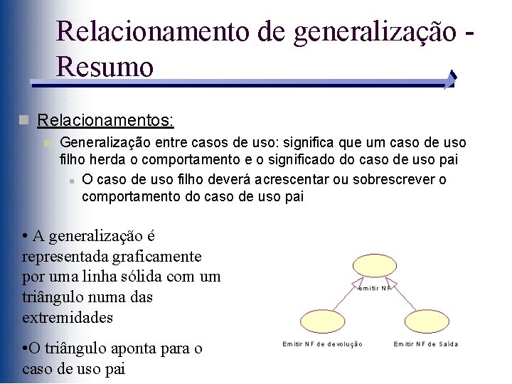Relacionamento de generalização Resumo n Relacionamentos: n Generalização entre casos de uso: significa que