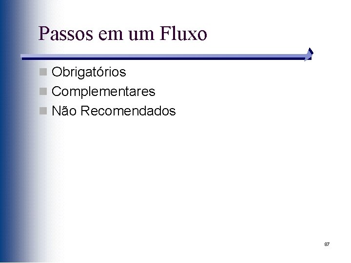 Passos em um Fluxo n Obrigatórios n Complementares n Não Recomendados 87 