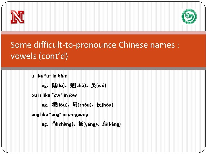 Some difficult-to-pronounce Chinese names : vowels (cont’d) u like “u” in blue eg. 陆(lù)、楚(chǔ)、吴(wú)