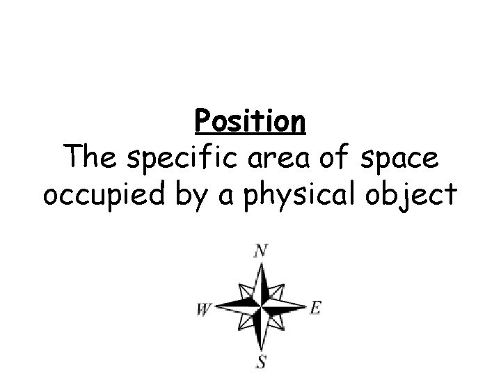 Position The specific area of space occupied by a physical object 