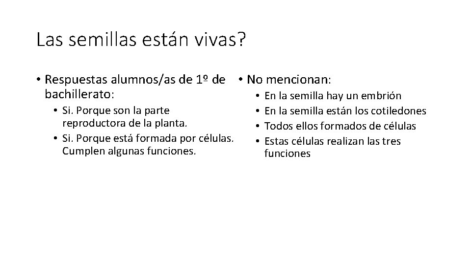 Las semillas están vivas? • Respuestas alumnos/as de 1º de • No mencionan: bachillerato: