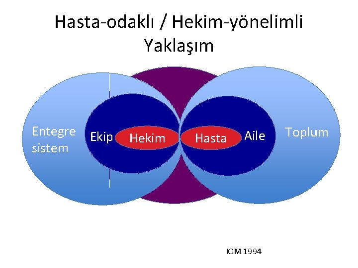 Hasta-odaklı / Hekim-yönelimli Yaklaşım Entegre sistem Ekip i Hekim Hasta i Aile IOM 1994