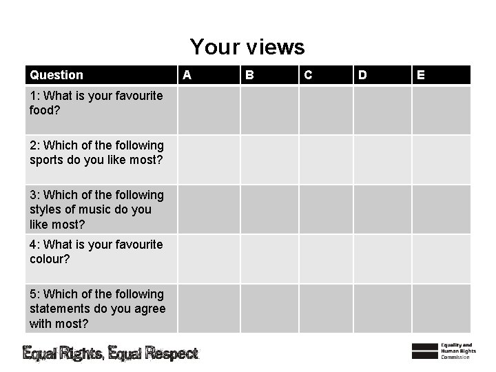 Your views Question 1: What is your favourite food? 2: Which of the following