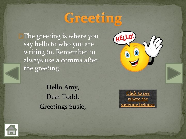 Greeting �The greeting is where you say hello to who you are writing to.