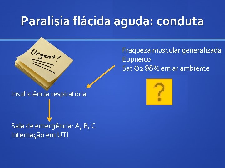 Paralisia flácida aguda: conduta Fraqueza muscular generalizada Eupneico Sat O 2 98% em ar