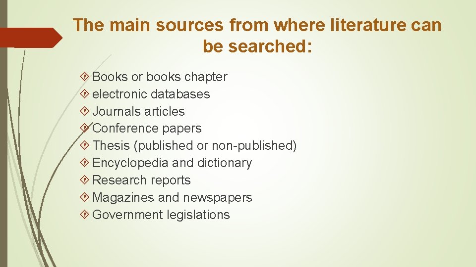 The main sources from where literature can be searched: Books or books chapter electronic