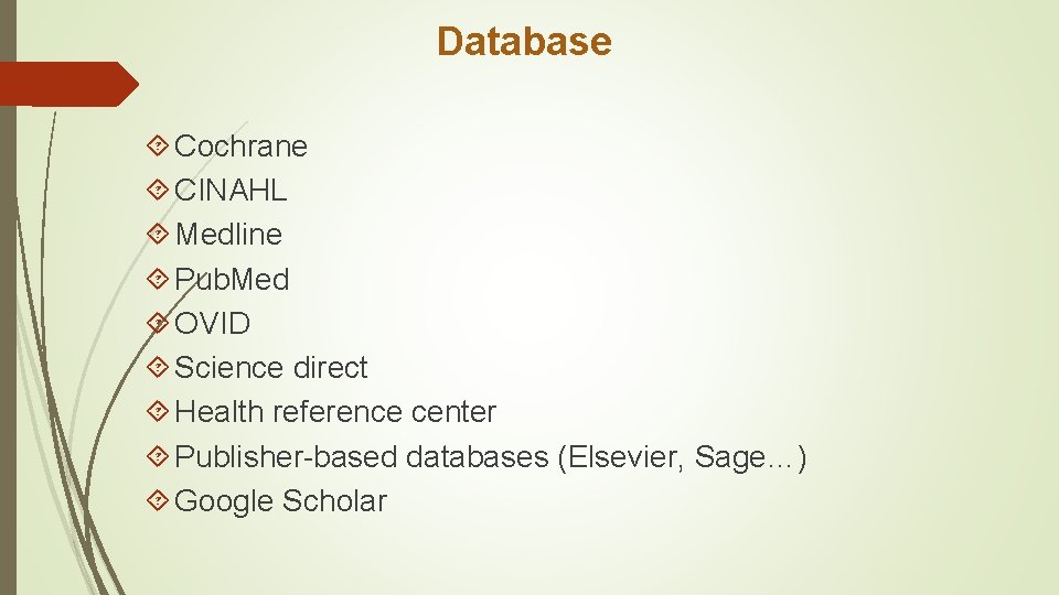 Database Cochrane CINAHL Medline Pub. Med OVID Science direct Health reference center Publisher-based databases