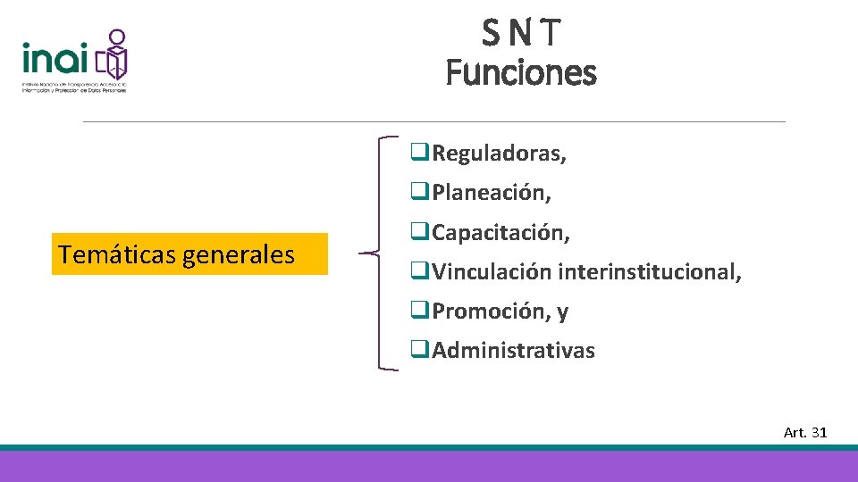 SNT Funciones q. Reguladoras, q. Planeación, Temáticas generales q. Capacitación, q. Vinculación interinstitucional, q.
