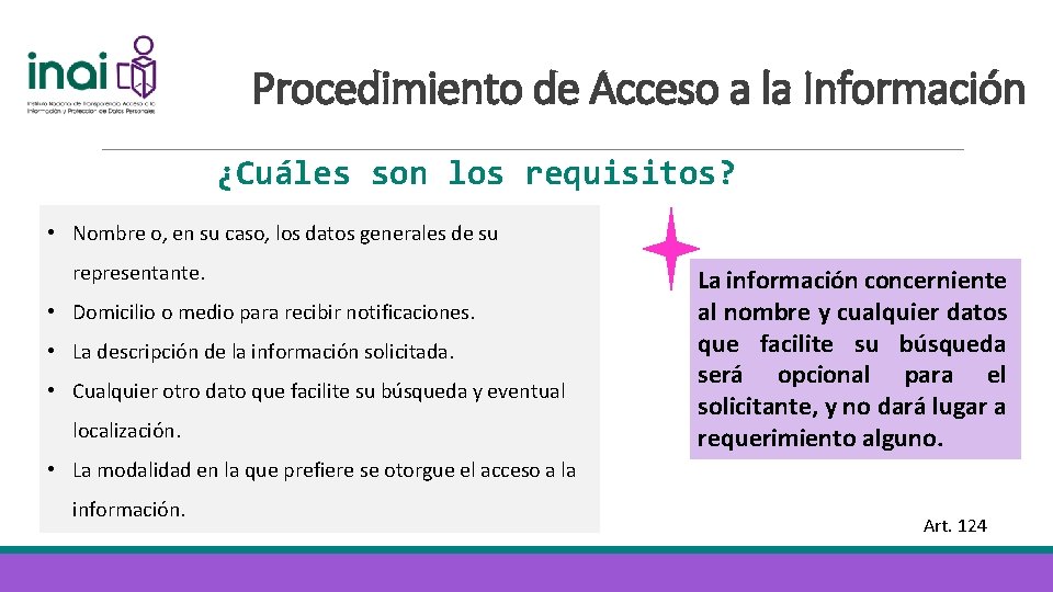 Procedimiento de Acceso a la Información ¿Cuáles son los requisitos? • Nombre o, en