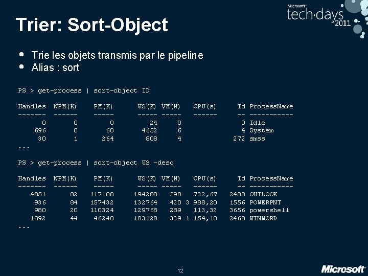 Trier: Sort-Object • • Trie les objets transmis par le pipeline Alias : sort Trier: Sort-Object • • Trie les objets transmis par le pipeline Alias : sort