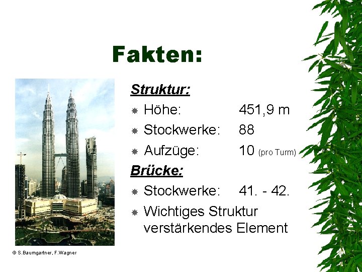 Fakten: Struktur: Höhe: 451, 9 m Stockwerke: 88 Aufzüge: 10 (pro Turm) Brücke: Stockwerke: