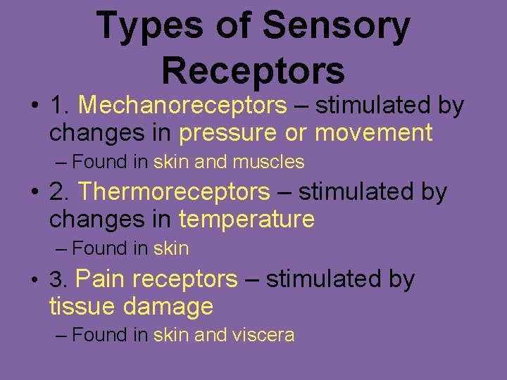 Types of Sensory Receptors • 1. Mechanoreceptors – stimulated by changes in pressure or