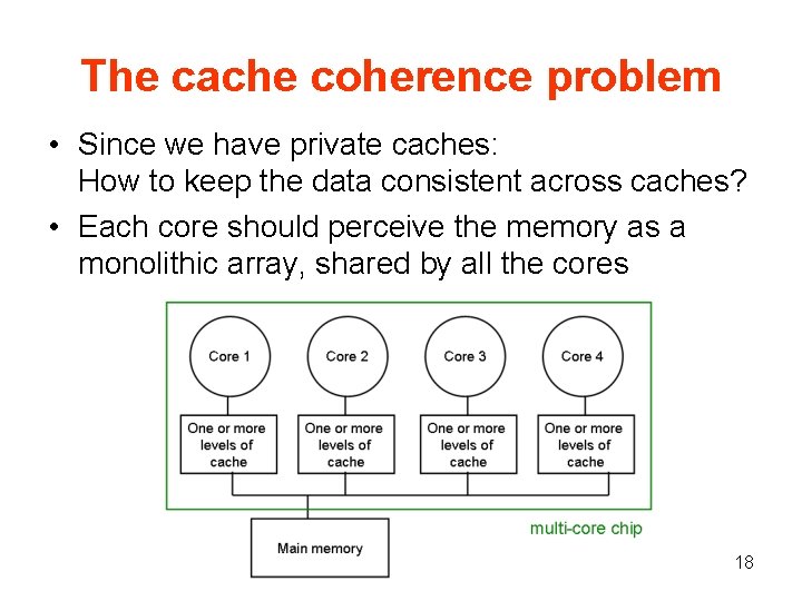 The cache coherence problem • Since we have private caches: How to keep the