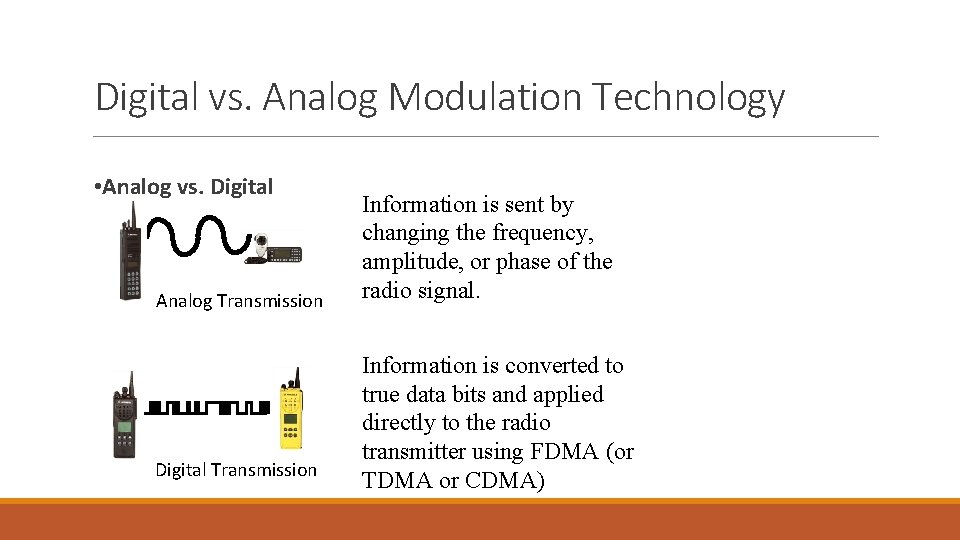 Digital vs. Analog Modulation Technology • Analog vs. Digital Analog Transmission Digital Transmission Information