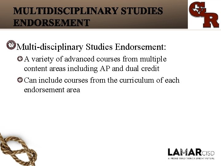 Multi-disciplinary Studies Endorsement: A variety of advanced courses from multiple content areas including AP