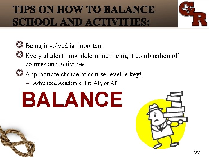 Being involved is important! Every student must determine the right combination of courses and
