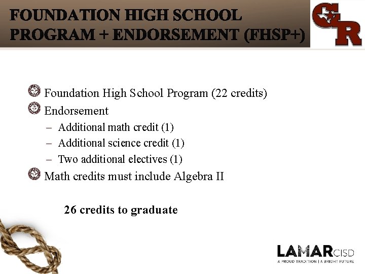 Foundation High School Program (22 credits) Endorsement – Additional math credit (1) – Additional