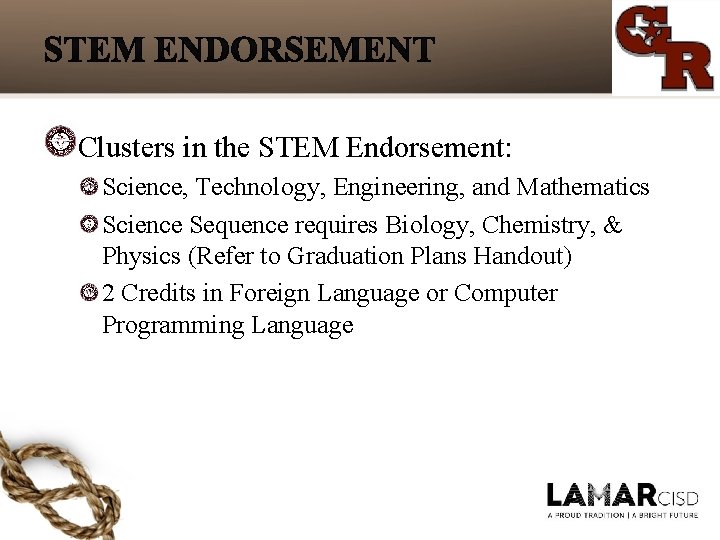 Clusters in the STEM Endorsement: Science, Technology, Engineering, and Mathematics Science Sequence requires Biology,