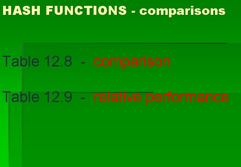 HASH FUNCTIONS - comparisons Table 12. 8 - comparison Table 12. 9 - relative