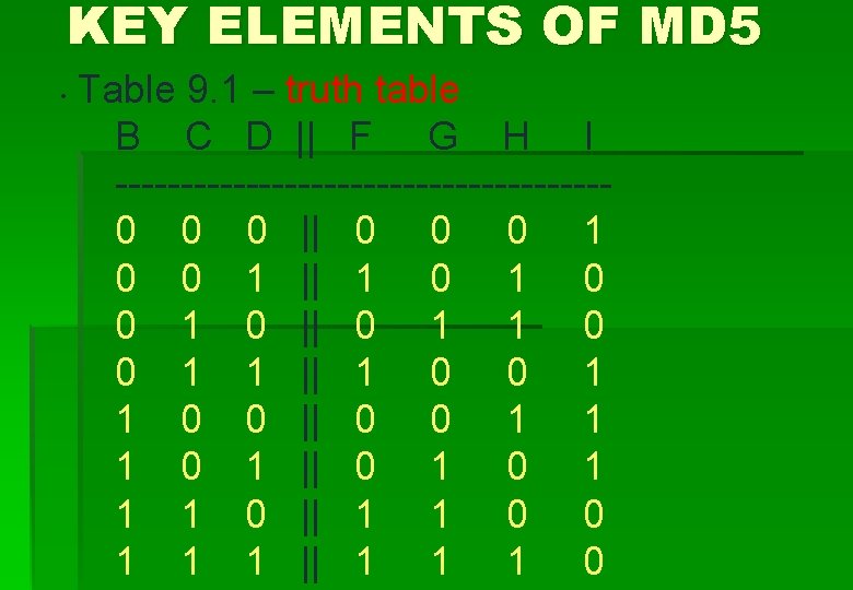 KEY ELEMENTS OF MD 5 • Table 9. 1 – truth table B C