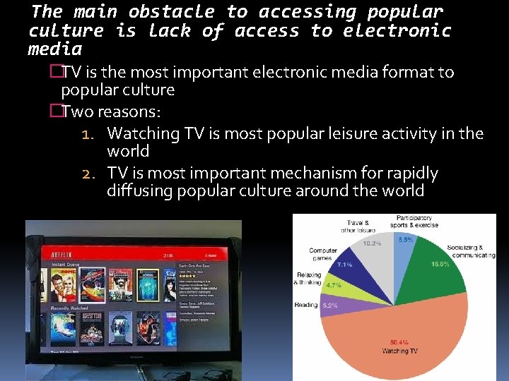 The main obstacle to accessing popular culture is lack of access to electronic media The main obstacle to accessing popular culture is lack of access to electronic media