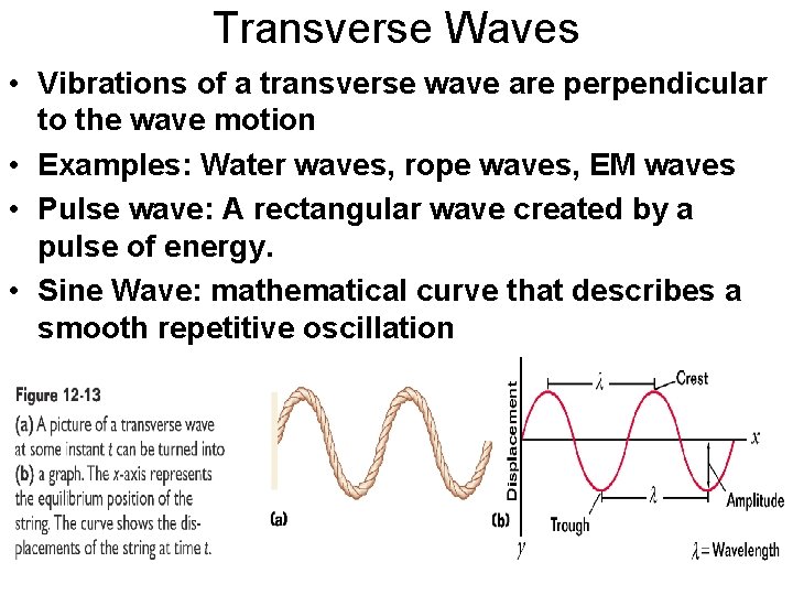 Transverse Waves • Vibrations of a transverse wave are perpendicular to the wave motion