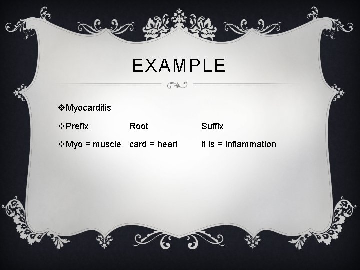 EXAMPLE v. Myocarditis v. Prefix Root v. Myo = muscle card = heart Suffix