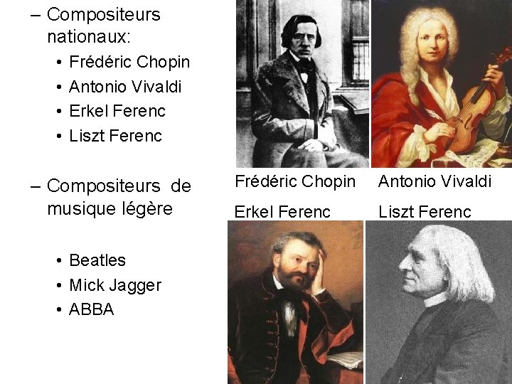 – Compositeurs nationaux: • • Frédéric Chopin Antonio Vivaldi Erkel Ferenc Liszt Ferenc –