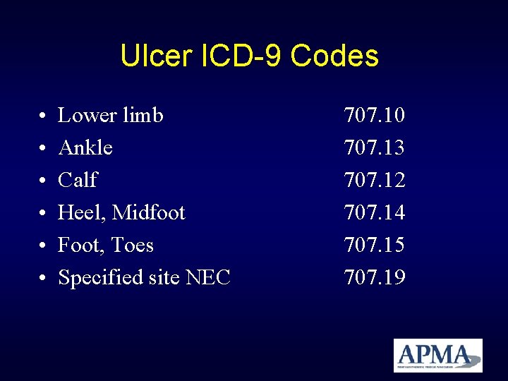 Ulcer ICD-9 Codes • • • Lower limb Ankle Calf Heel, Midfoot Foot, Toes Ulcer ICD-9 Codes • • • Lower limb Ankle Calf Heel, Midfoot Foot, Toes