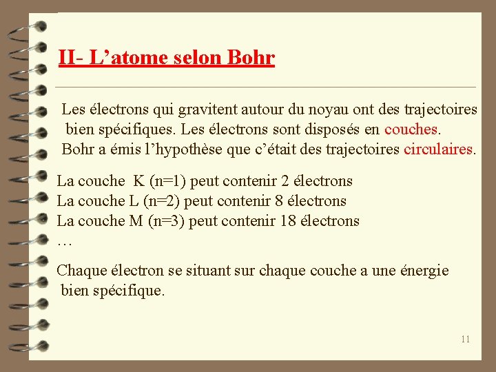 II- L’atome selon Bohr Les électrons qui gravitent autour du noyau ont des trajectoires
