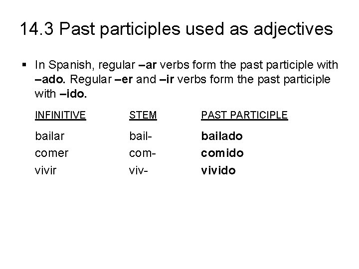 14. 3 Past participles used as adjectives § In Spanish, regular –ar verbs form
