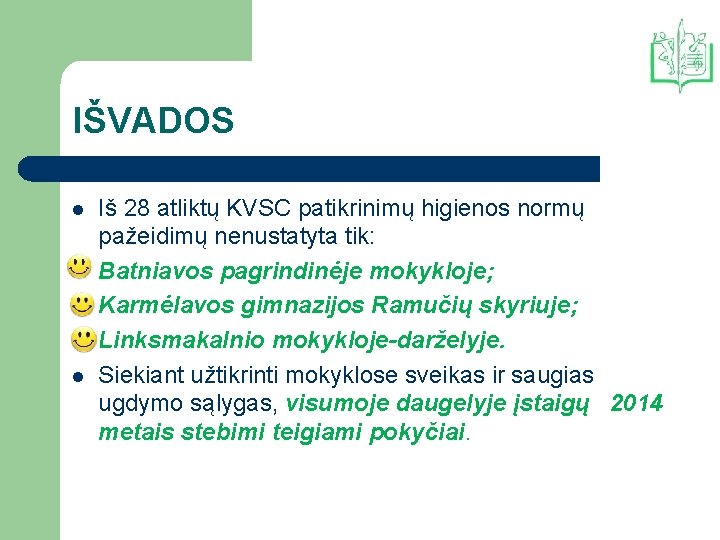 IŠVADOS l l l Iš 28 atliktų KVSC patikrinimų higienos normų pažeidimų nenustatyta tik: