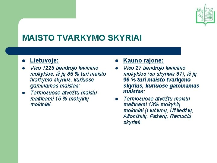 MAISTO TVARKYMO SKYRIAI l Lietuvoje: l Kauno rajone: l Viso 1223 bendrojo lavinimo mokyklos,